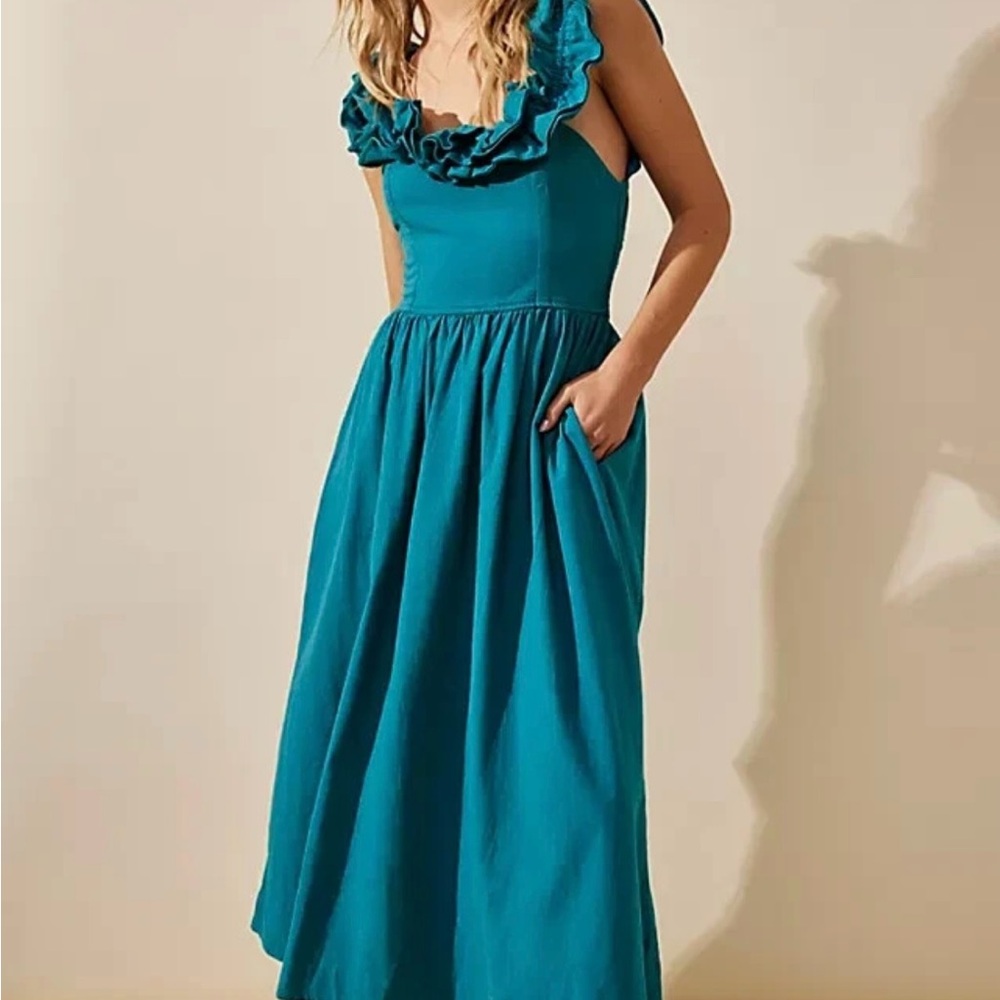 Free People Teal Ruffle It Up Midi Dress